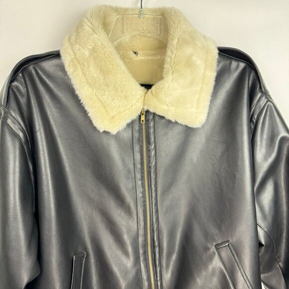 Miletta Black Cream Vegan Faux Leather Fur Trim Lined Zip Bomber Jacket Sz XL - Picture 3 of 15